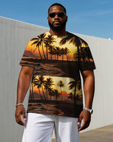 Men's Hawaiian Style Sunset Splicing Printed Round Neck Short Sleeve T-shirt